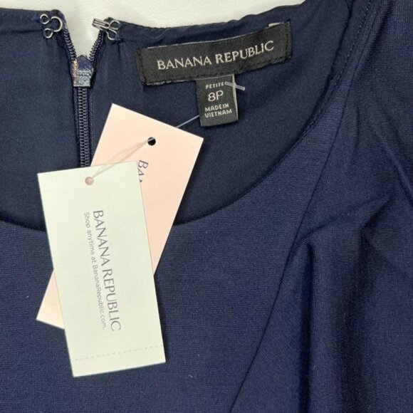 NWT BANANA REPUBLIC Crew Neck Asymmetrical Ruffle Navy Sheath Dress Lined Sz 8P - Picture 8 of 15